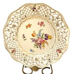 Vintage Reticulated White Porcelain Handpainted Decorative Plate Colorful Flower
